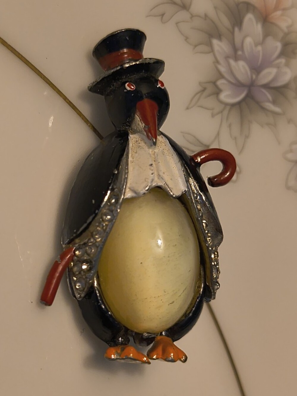 Vintage Coro MCM Mr. Penguin Brooch Black Enamel Rhinestone Yellow Jelly Belly
